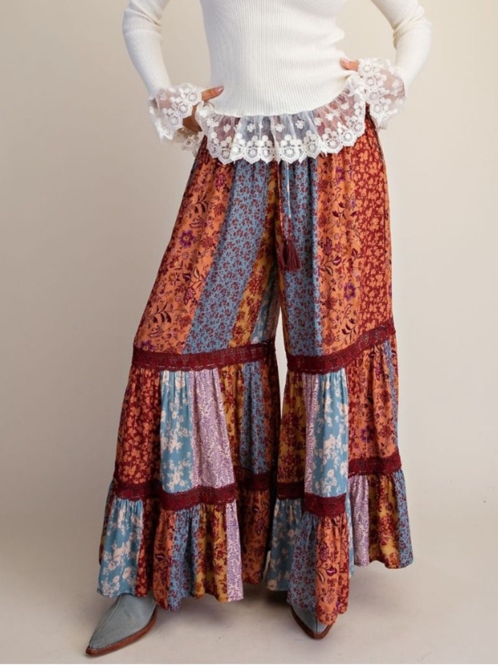 NWT Easel Rust Patchwork Print Crochet Trim Ruffle Wide Leg Boho Palazzo